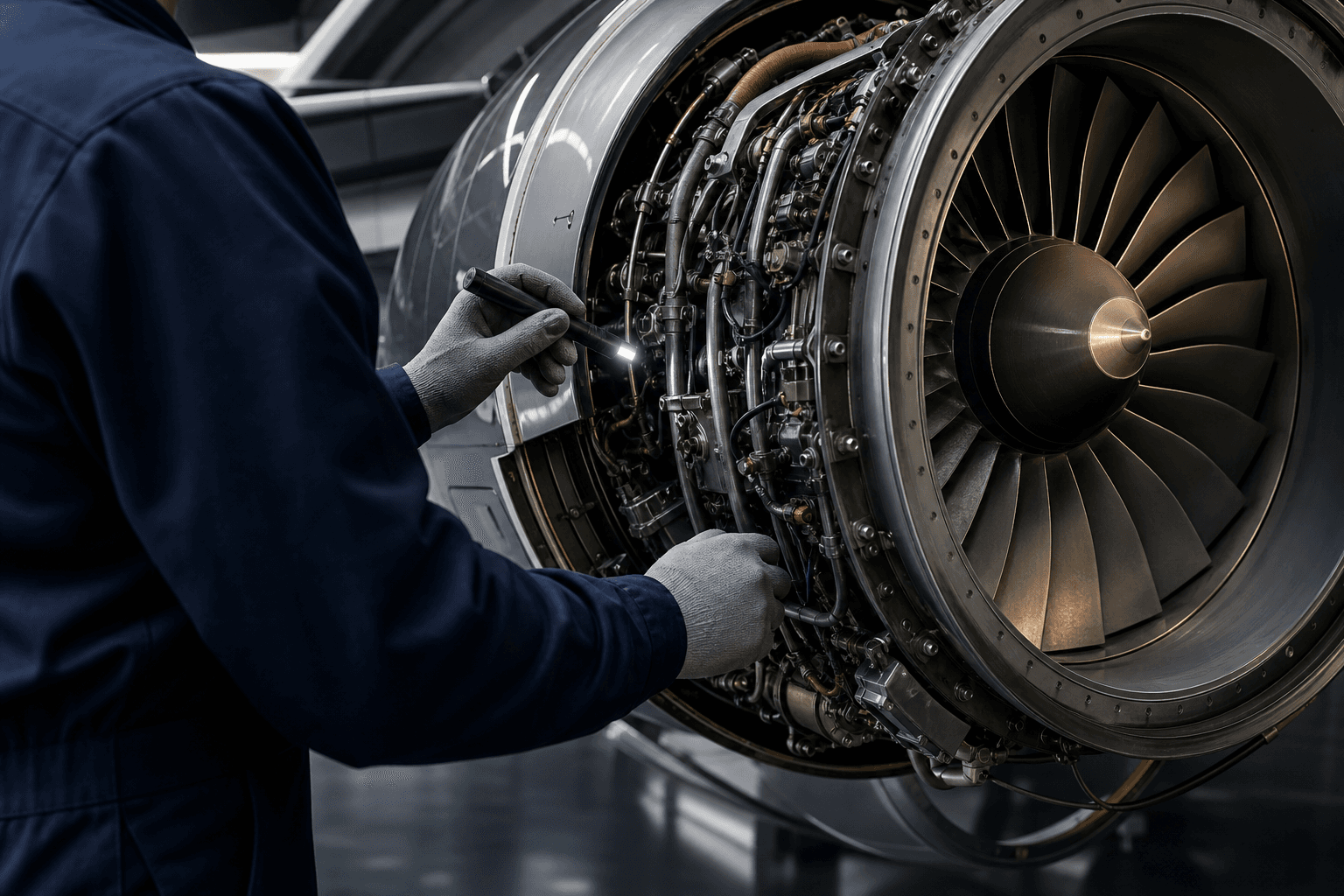 A technician using an inspection light on an exposed jet engine