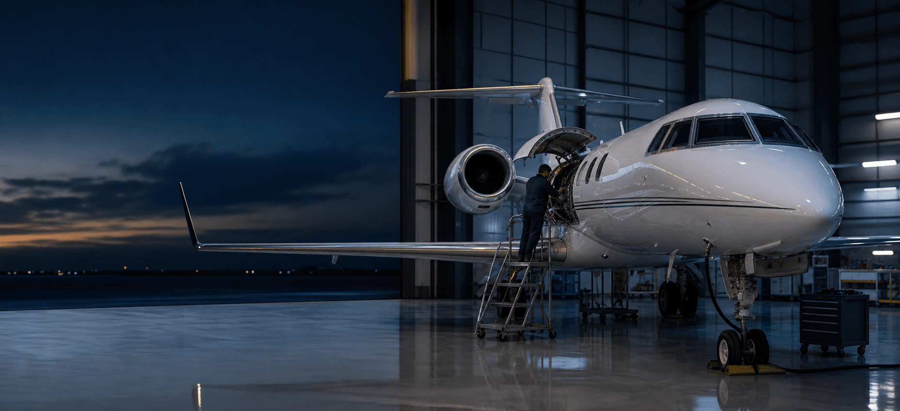 A technician inspecting a private jet inside a hangar at blue hour