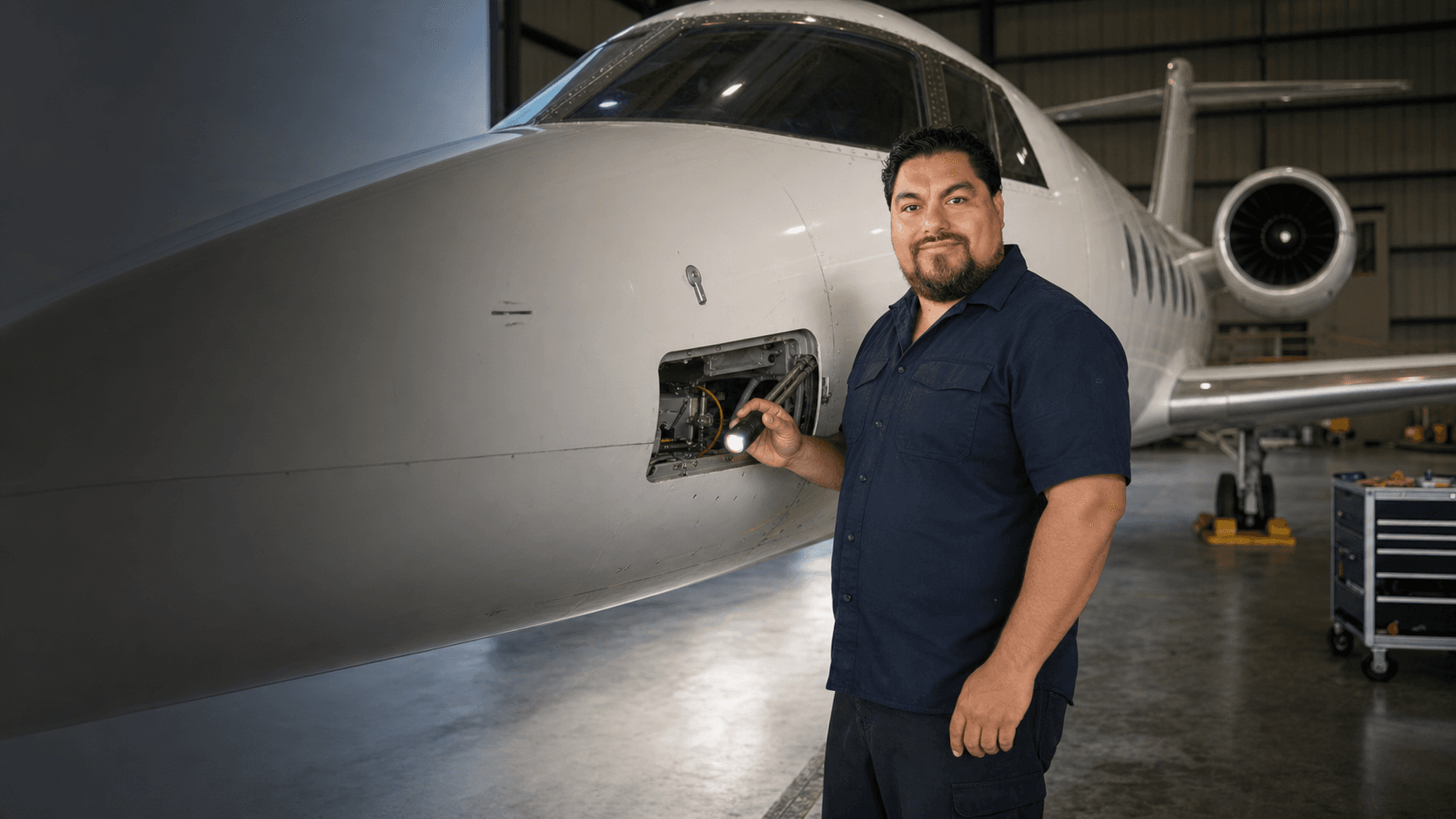 Oscar Rodriguez inspecting a private jet inside an aircraft maintenance hangar